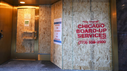 Businesses are boarding up ahead of the 2024 Democratic National Convention in Chicago, Illinois, United States, on August 16, 2024. On Friday afternoon, McDonald's and the Garland Building in Millennium Park in the downtown area of Chicago, Illinois, are being boarded up with plywood ahead of the 2024 Democratic National Convention, which is expected to draw significant protests and increased pedestrian and vehicle traffic in the area.