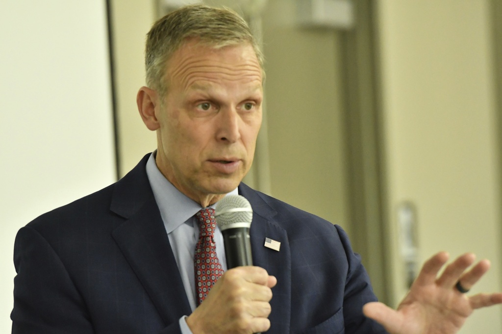 U.S. Rep. Scott Perry, R-Pa., speaks during a campaign event in front of employees at an insurance marketing firm, Thursday, Oct. 17, 2024, in Harrisburg, Pa. 