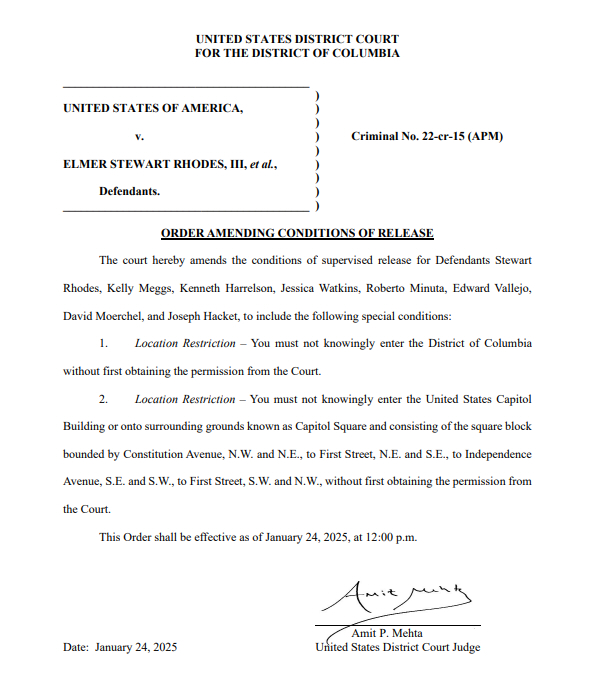 Judge Mehta order on Oath Keepers travel