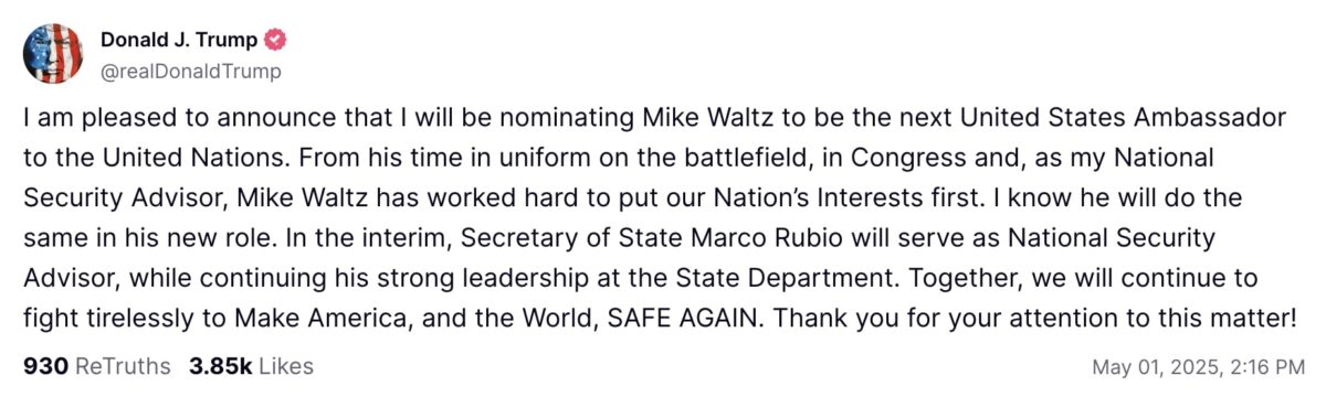 Trump Truth Social post about Mike Waltz and Marco Rubio