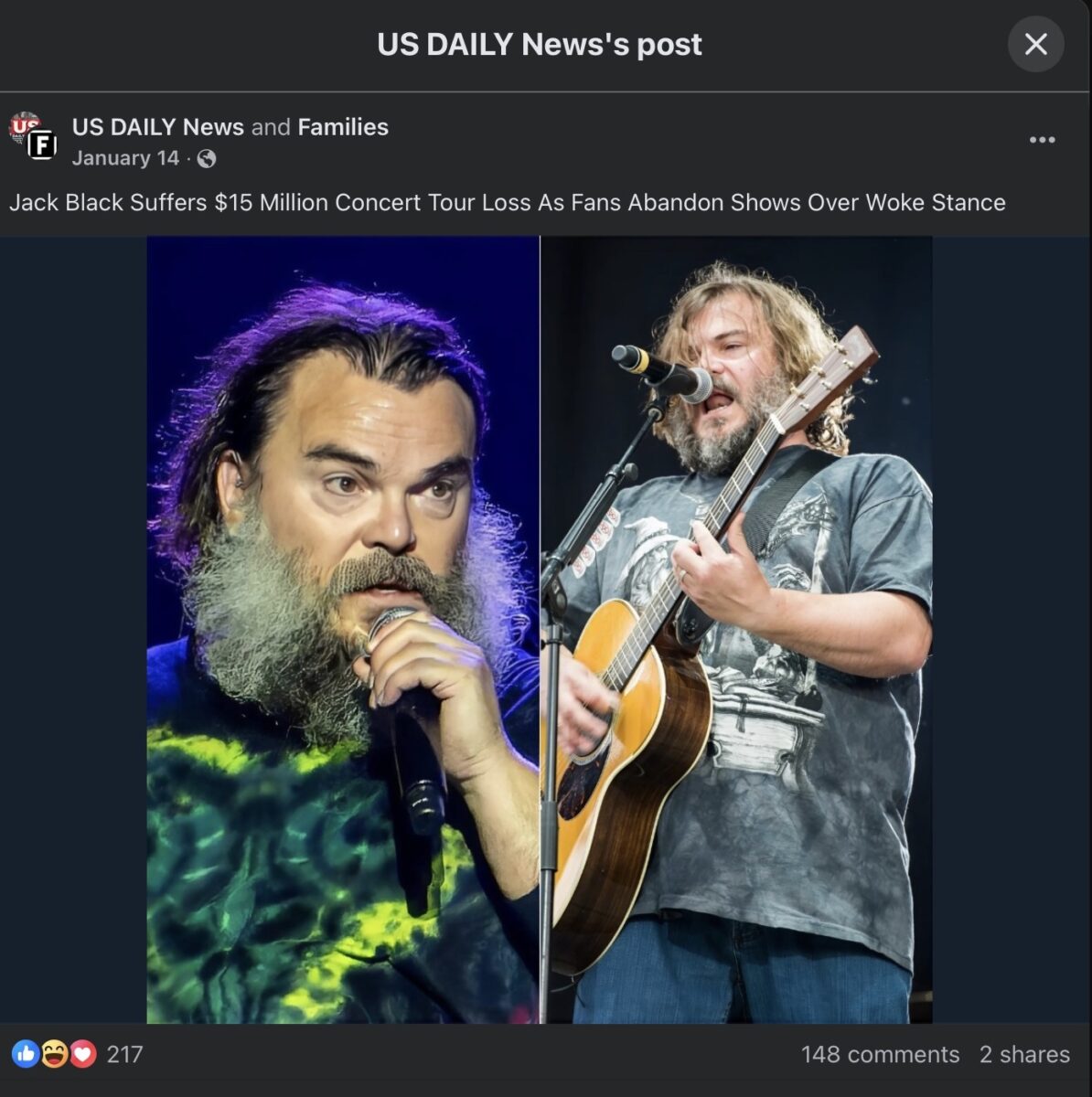 fake news Facebook post about Jack Black