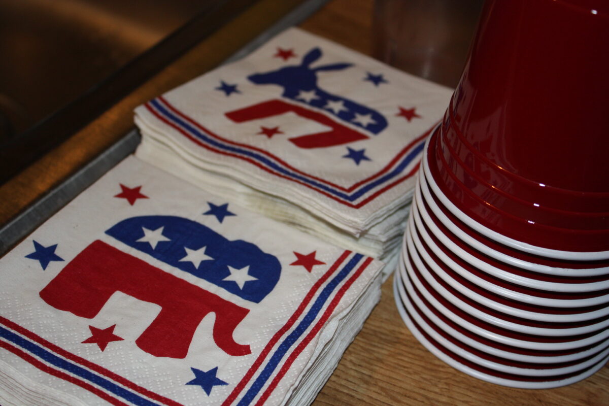 Republican elephant and Democrat donkey napkins and red solo cups