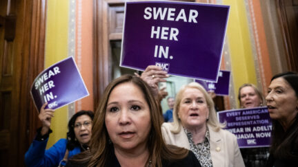 Representative-elect Adelita Grijalva (D-Ariz.) and other Democrats protest the delay in swearing her into the House
