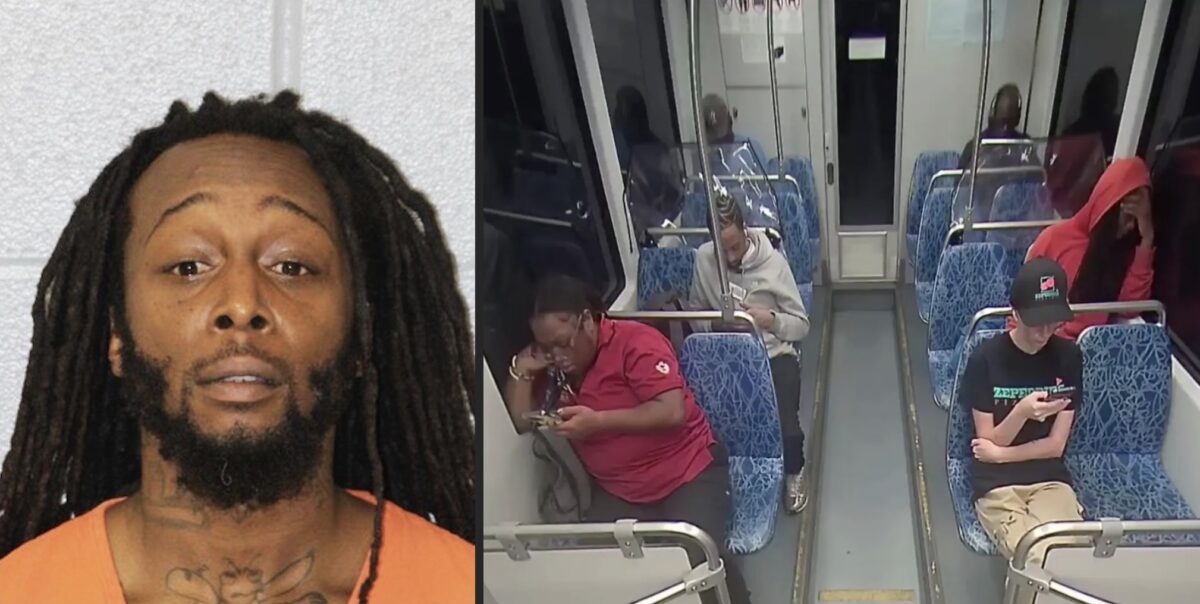 Mugshot of Decarlos Brown Jr./screenshot from surveillance video on Charlotte light rail train showing Iryna Zarutska