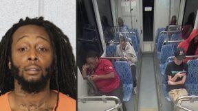 Mugshot of Decarlos Brown Jr./screenshot from surveillance video on Charlotte light rail train showing Iryna Zarutska