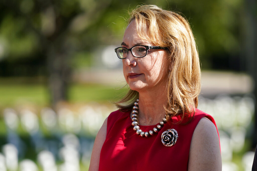 Former congresswoman and gun violence survivor Gabby Giffords, D-Ariz. attends a Gun Violence Memorial installation at Bayfront Park, Monday, Dec. 13, 2021, in Miami. The memorial is meant to bring awareness to the thousands of lives lost to gun violence every year. (AP Photo/Lynne Sladky)