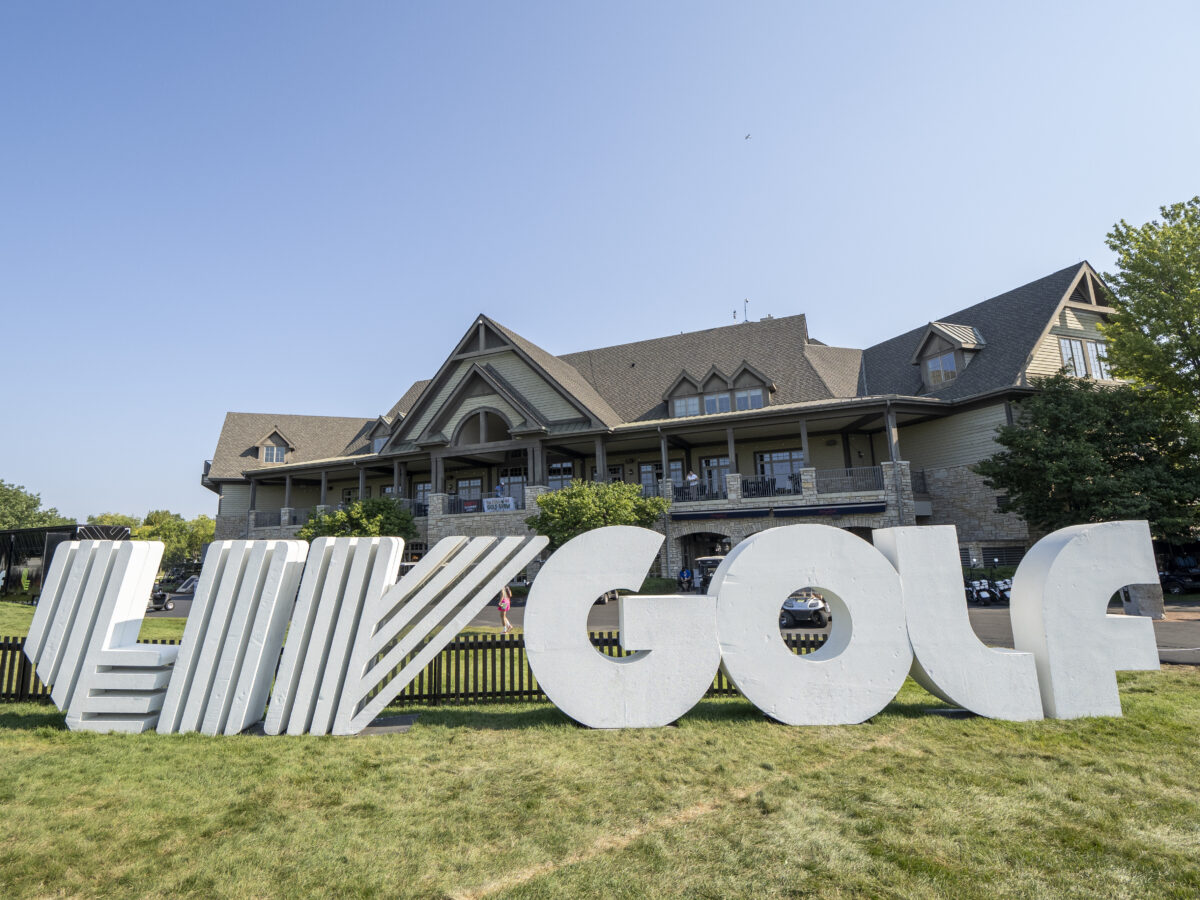 BOLINGBROOK, IL - AUGUST 09: The LIV GOLF logo is pictured in front of the Bolingbrook Golf Club clubhouse before day two of LIV Golf Chicago on Saturday, August 09, 2025 at Bolingbrook Golf Club in Bolingbrook, IL. (Photo by Joseph Weiser/Icon Sportswire) (Icon Sportswire via AP Images)