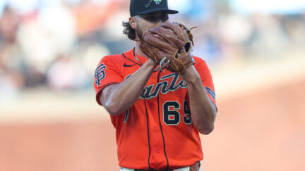 San Francisco Giants pitcher Landen Roupp waits for the sign during the first inning of a baseball game against the Chicago Cubs Friday, June 12, 2026, in San Francisco, Calif. (AP Photo/Scott Marshall)