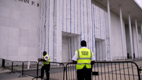 Kennedy Center with tarp after Donald Trump's name removed