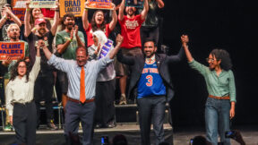 Democratic congressional candidates, Claire Valdez, Brad Lander, and Darializa Avila Chevalier gesture on stage with Mayor Zohran Mamdani during a Get Out The Vote rally ahead of New York's primary election, Thursday, June 18, 2026, in the Brooklyn borough of New York. (AP Photo/Ryan Murphy)