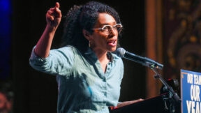 Democratic congressional candidate Darializa Avila Chevalier speaks during a Get Out The Vote rally ahead of New York's primary election, Thursday, June 18, 2026, in the Brooklyn borough of New York.