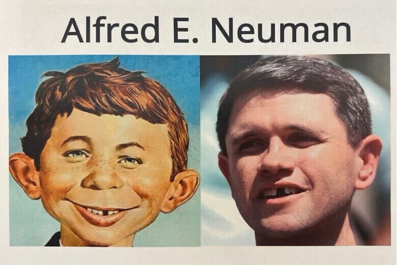 Trump posted an attack on James Talarico with a side-by-side of MAD Magazine icon and area "What, Me Worry?" kid Alfred E. Neuman