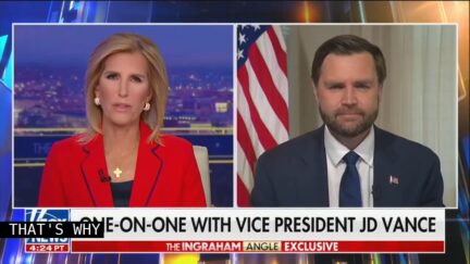 composite image Laura Ingraham left, jd vance with american flag behind him, right
