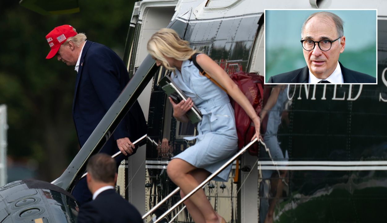 composite trump and natalie harp get off a plane, inset axelrod