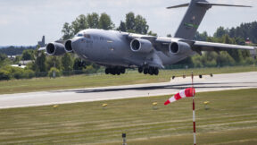 U.S. Air Force plane Boeing C-17A Globemaster III lands at Vilnius airport in Lithuania, Saturday, July 8, 2023. The Vilnius NATO summit will take place on 11-12 July. (AP Photo/Mindaugas Kulbis)
