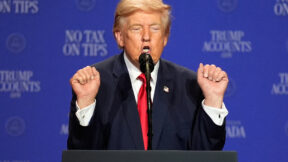 trump at a podium with his hands in fists raised to shoulder level