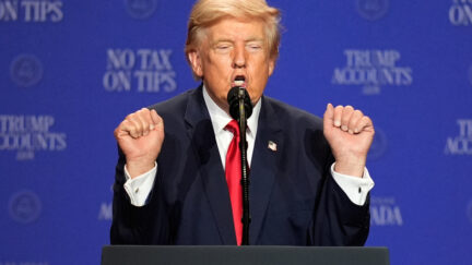 trump at a podium with his hands in fists raised to shoulder level