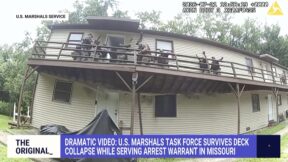 marshals on a second story exterior deck begin to fall as deck starts to collapse