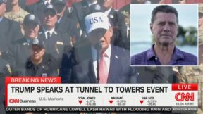 donald trump speaking at 9/11 event with a white usa hat on; inset fred trump headshot