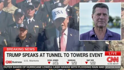 donald trump speaking at 9/11 event with a white usa hat on; inset fred trump headshot