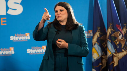 Rep. Haley Stevens, D-Mich., a candidate in the Democratic primary for U.S. Senate in Michigan, speaks during a primary election night event Wednesday, Aug. 5, 2026, in Detroit.