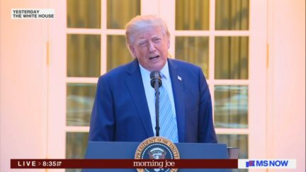 President Donald Trump at a podium with a microphone speaks in the Rose Garden. (Screenshot)
