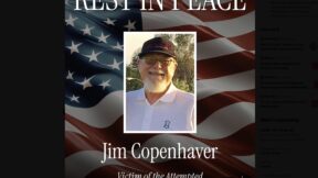 memorial for jim copenhaver featuring his headshot and the words rest in peace in front of an american flag backdrop