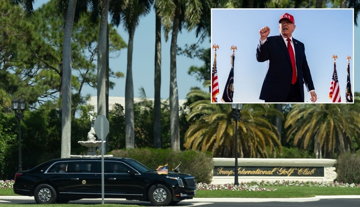 Trump's motorcade entering his Palm Beach Golf Club (AP Photo/Mark Schiefelbein); Donald Trump, Inset raising his fist wearing a red hat with american flags behind him(AP Photo/Julia Demaree Nikhinson)