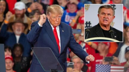 Trump (AP Photo/Ted Shaffrey); Mike Ditka, Inset (AP Photo/Keith Srakocic, File)