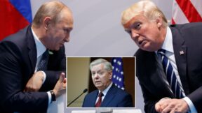 composite main image trump and putin leaning in to talk with one another; inset graham
