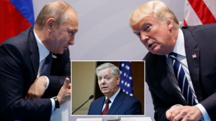 composite main image trump and putin leaning in to talk with one another; inset graham