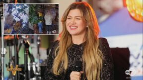 composite: Kelly Clarkson smiling, inset a scene from surveillance footage inside the shop