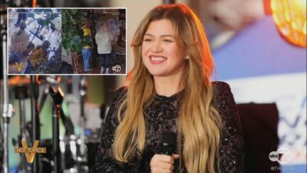 composite: Kelly Clarkson smiling, inset a scene from surveillance footage inside the shop