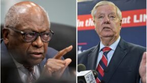 composite james clyburn pointing his finger, left; lindsey graham speaking at a microphone, right