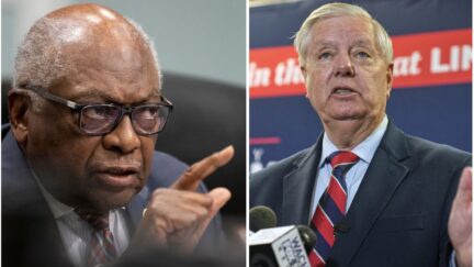 composite james clyburn pointing his finger, left; lindsey graham speaking at a microphone, right