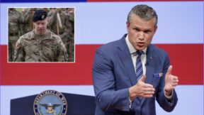 Pete Hegseth standing in front of a giant american flag with his hands out in front of him (Alex Wong/Pool Photo via AP); Brett Sylvia, inset in uniform walking with his head down (Sgt. Timothy Jackson/U.S Army via AP)