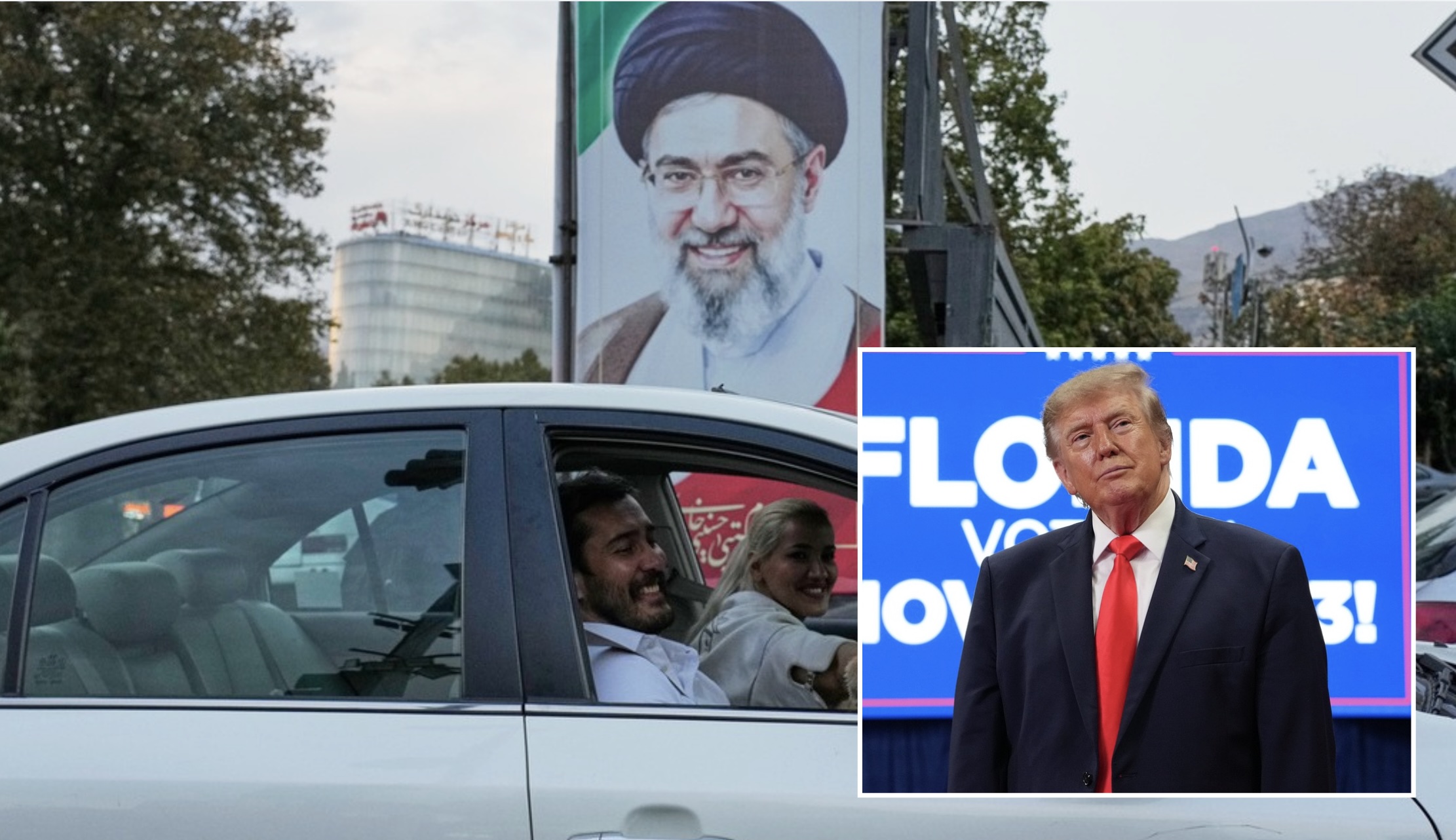 composite: people in a car holding up a portrait of khamenei (AP Photo/Vahid Salemi); inset trump (AP Photo/Jacquelyn Martin)