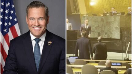 composite left mike walz headshot; right screenshot of confrontation at the un