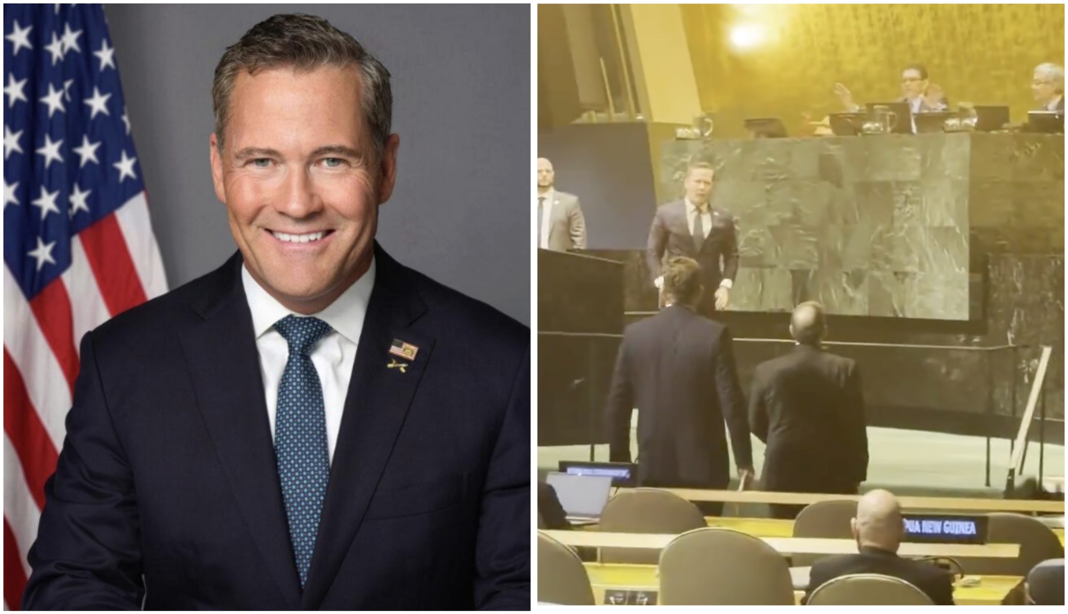 composite left mike walz headshot; right screenshot of confrontation at the un